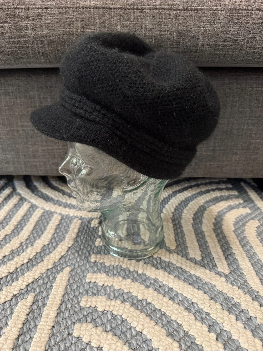 Y2K Black Angora Fuzzy Newsboy Cap Rhinestone Flower Hat